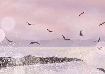 Background illustration of sea and birds at dusk
