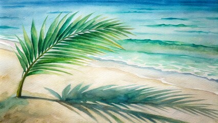 Serenene ocean shore with lush green palm leaf shadow cast upon pristine white sand, evoking a sense of tranquil tropical getaway.
