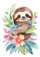 Obraz premium Cute cartoon happy little sloth with flowers. Illustration, isolated background, transparent