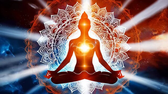 Abstract floral glowing energy aura with zen meditation human silhouette. Yoga meditation to increase chakra energy strength and body strength. Mindfulness practice