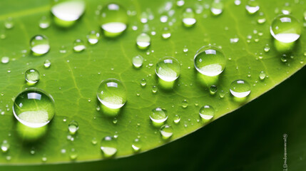 Mesmerizing closeup of fresh green leaves with water droplets glistening in sunlight, capturing natures beauty and tranquility.