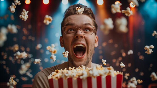 Delighted man Surrounded by Flying Popcorn in a Brightly Lit Movie Theater, His Enthusiastic Reaction Reflecting the Excitement and Joy of the Cinematic Adventure