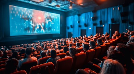 A vibrant cinema hall packed with an eager audience, ready to immerse themselves in the latest movie screening on the big screen, creating an electrifying atmosphere of excitement in the theater