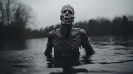 Unsettling underwater scene with divers distorted reflections, eerie atmosphere through unexpected camera angles