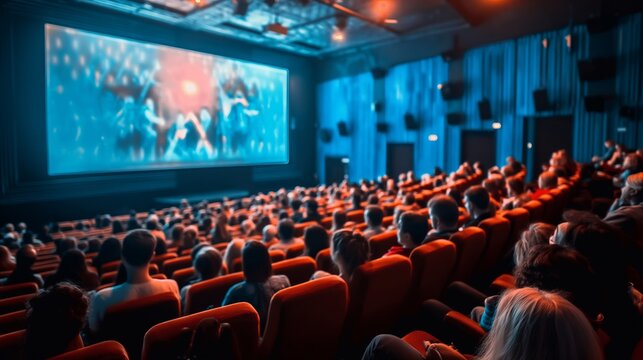A vibrant cinema hall packed with an eager audience, ready to immerse themselves in the latest movie screening on the big screen, creating an electrifying atmosphere of excitement in the theater