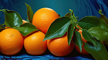 Fresh Sliced Oranges with Green Leaves on Dark Blue Background, Vibrant Citrus Fruit Arrangement for Healthy Food Photography