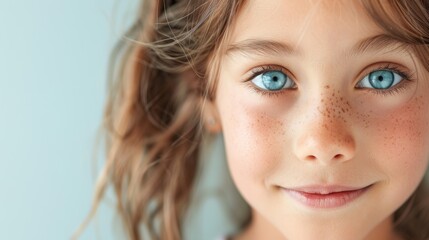 Fototapeta premium Portrait of a Curious Girl with Raised Eyebrow and Head Tilt in Natural Daylight with Copy Space Above