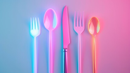 A close-up of neon-lit kitchen utensils such as a knife, fork, and spoon, casting colorful glows that add a modern twist to culinary themes.
