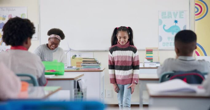 Girl, student and applause for presentation in classroom with oral assessment, language development or support. Education, children and group with clapping hands for excellence, motivation and speech
