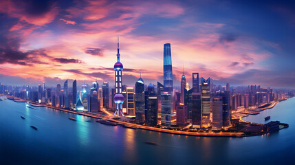 Panoramic Twilight Vista of Iconic Asian Skyscrapers: A Fusion of Architectural Wonders and Diverse Cultures