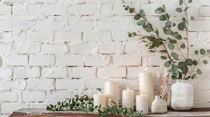 Eucalyptus and candles displayed on table against white brick wall with space for text
