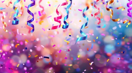 Colorful streamers and confetti falling in a celebratory atmosphere with a bokeh background, creating a festive and joyous scene.