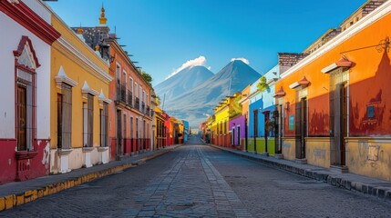 Obraz premium Colorful Street with Volcano View