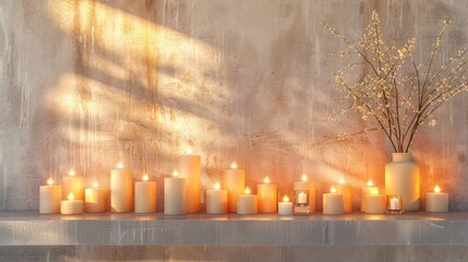 Candles in a serene setting on a bright wall pattern