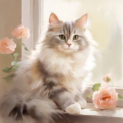the AI Image Generator, A painting of a cat surrounded by flower