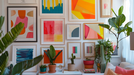 A gallery wall filled with an array of eclectic frames, each showcasing a unique abstract art piece.