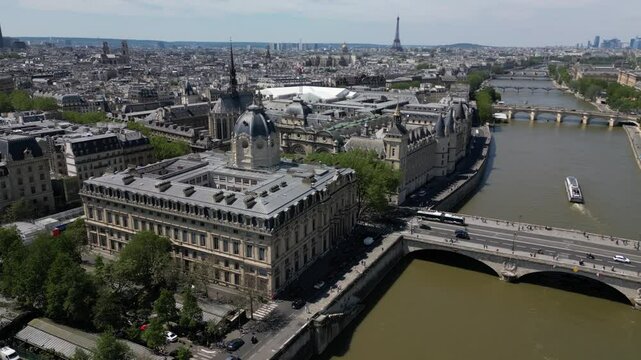 View from drone of La Seine in Paris