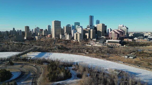 Winter aerial over frozen river valley in Edmonton, Alberta, Canada