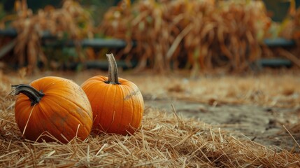 Concept of Thanksgiving celebration with pumpkins and straw in autumn setting