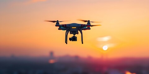 Capturing Sunset Cityscapes with High-Resolution Digital Cameras Using a Drone. Concept Sunset Photography, Cityscape Views, High-Resolution Cameras, Drone Photography, Urban Landscapes