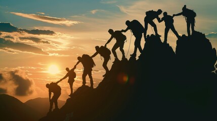Silhouetted climbers ascend a rocky ridge against a dramatic sunset sky, capturing teamwork and adventure.