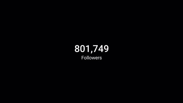 Social media 1 million followers counting notification icon animation on alpha channel, Incoming followers counting notification animation 4k background video