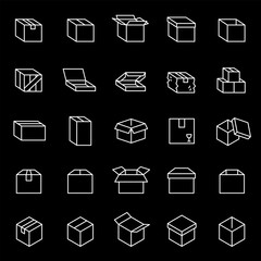 Boxes, white line icons. Cardboard packaging and storage boxes. logistics and shipping themes. Symbols on black background. Editable stroke.