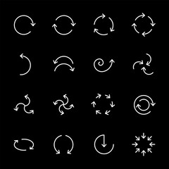 Circular arrows, white line icons. Icons for reloading, recycling, and updating. Ideal for navigation and UI themes. Symbols on black background. Editable stroke.