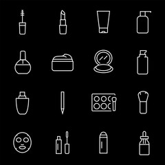 Cosmetics, white line icons. Makeup tools and beauty products. Essential for fashion and wellness themes. Symbols on black background. Editable stroke.