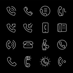 Phone calls, white line icons. Telephone and handset symbols. Ideal for communication and tech themes. Symbols on black background. Editable stroke.