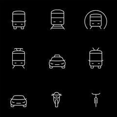 Urban transport, white line icons. Front view of public transportation vehicles. Ideal for city and infrastructure themes. Symbols on black background. Editable stroke.