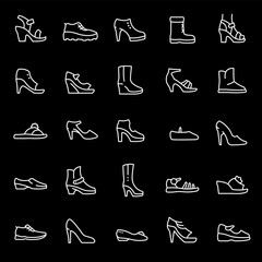 Women's shoes, white line icons. Casual and special footwear for different seasons. Ideal for fashion and retail themes. Symbols on black background. Editable stroke
