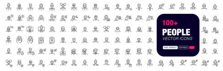 Big set of pixel perfect, editable stroke people related vector icon. Age, gender, nationality and profession diversity