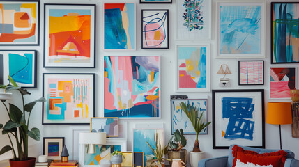 A gallery wall filled with an array of eclectic frames, each showcasing a unique abstract art piece.