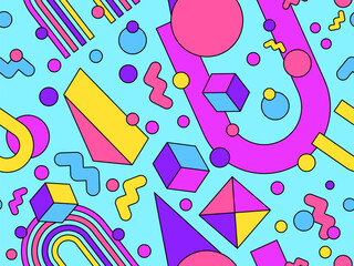 Geometric seamless pattern in 80s style. Colorful geometric pattern with isometric geometric 3D shapes. Design of promotional products, wrapping paper and printing. Vector illustration