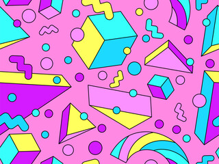 Geometric seamless pattern in 80s style. Colorful geometric pattern with isometric geometric 3D shapes. Design of promotional products, wrapping paper and printing. Vector illustration