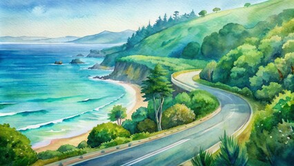 Fototapeta premium Scenic summer drive on winding beachside highway with lush green trees and vast blue ocean views in the background landscape.