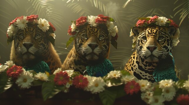 Brazilian Fauna And Flora, Two Characters, A Jaguar And A Blue Macaw Covered In Flowers