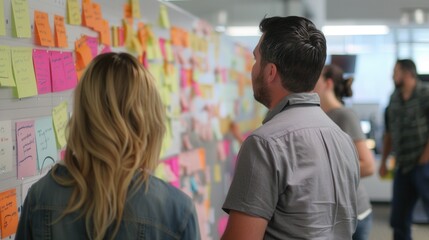 Kanban wall in a tech office with team brainstorming sessions