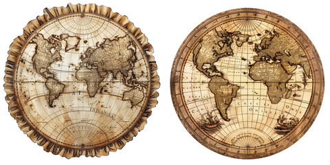 Naklejka premium Antique world maps showing detailed geographic features in sepia tones, perfect for historical, vintage, and geographical themed projects.