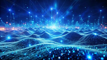 Vibrant blue abstract backdrop with scattered points, plummeting cyber particles, and swirling data streams in mesmerizing 3D rendered digital landscape.