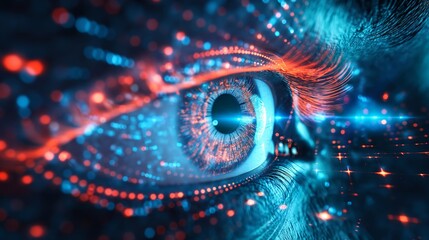 A glowing digital eye, encapsulating a cybernetic world of data and light, pierces through the digital darkness.