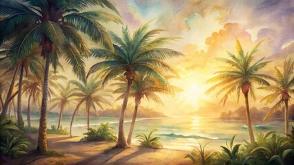 Warm sunlight filters through dense palm tree foliage on a serene tropical beach, evoking feelings of tranquility and relaxation.