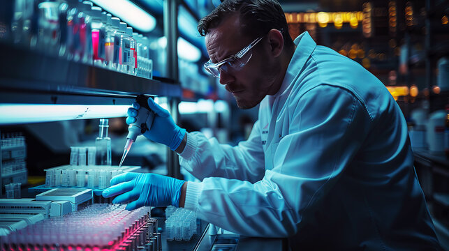 Closeup portrait of a Professional scientis chemist at laboratory wearing gloves and saftey glasses medical science research concept 