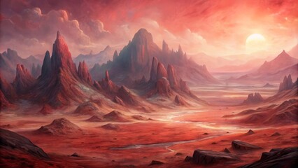 Barren crimson Martian terrain stretches towards rusty red sky, towering mountains cut through haze, eerie silence pervades the desolate landscape.