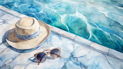 Sleek marble poolside setting featuring stylish sunglasses and straw hat amidst calm blue water waves and sun-kissed shadow reflections.