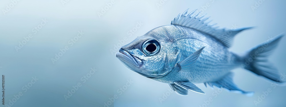 Wall mural  A tight shot of a blue fish against a light blue backdrop Background comprises a tranquil light blue sky and backdrop