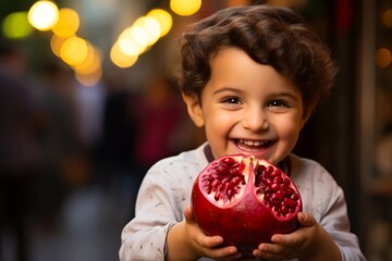 Naklejka premium Photo of a Rosh Hashanah child holding a pomegranate, smiling and excited for the holiday