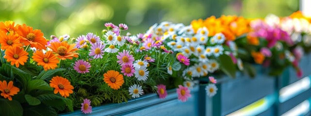 A window sill adorned with a vibrant row of flowers contrasting against a lush, green tree