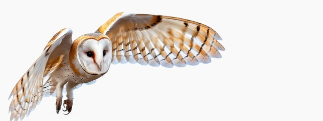 Obraz premium An owl flies in the air with spread wings and turned head